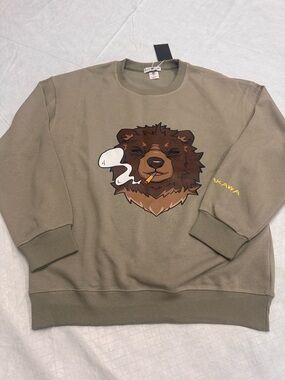 Khaki Crewneck Sweatshirt with Bear Graphic